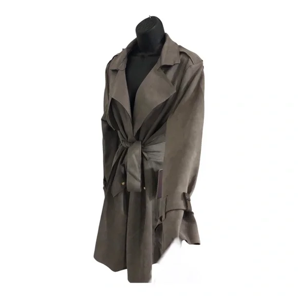 Stunning‎ gray faux suede belted trench coat size XL new